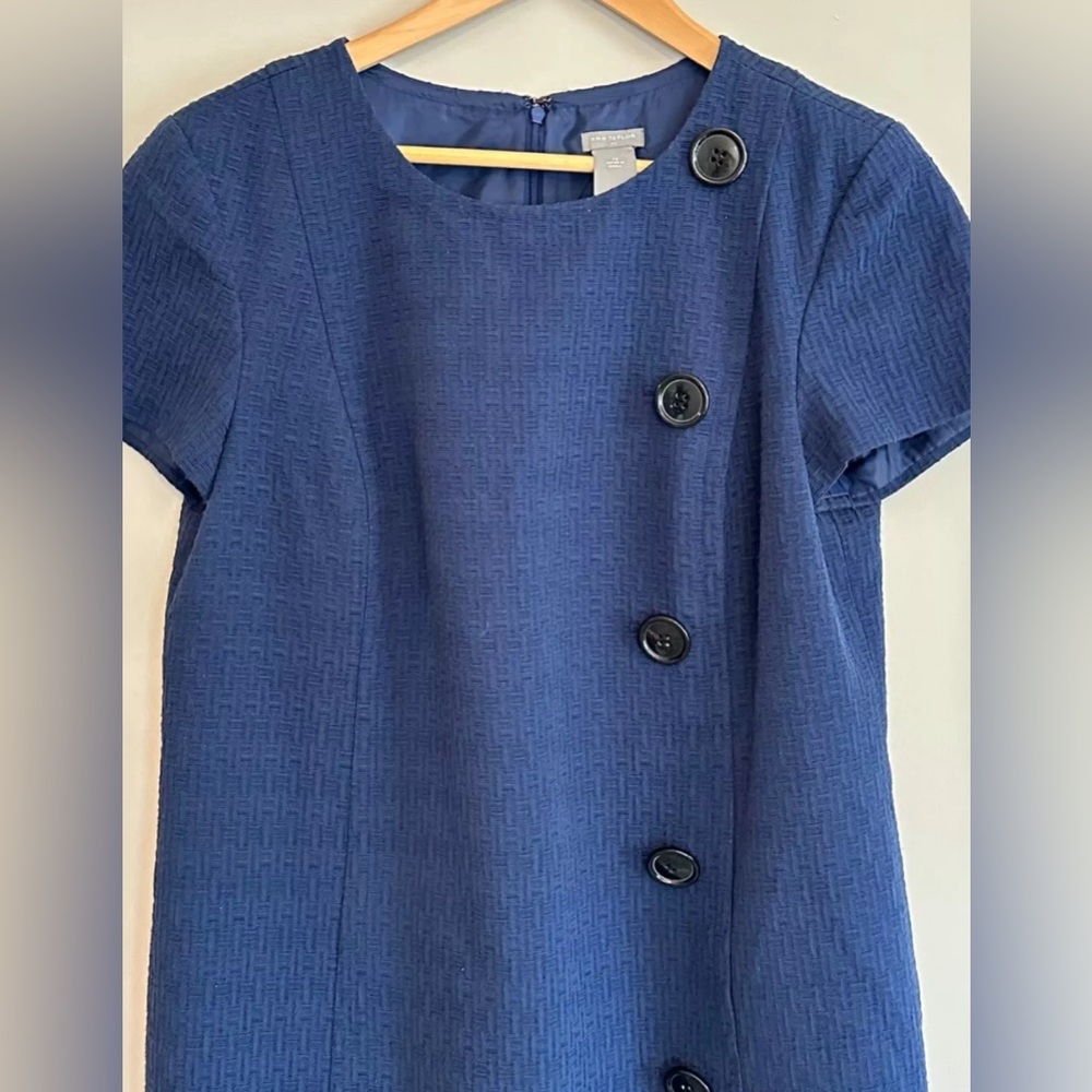 Ann Taylor Navy Blue  Jackie O mod style jacquard dress.  Midi size 12 Sheath.